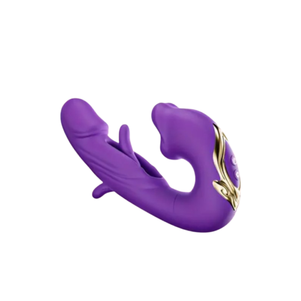 Estimulador vibrador 3 en 1 que combina vibraciones en clítoris, cuello vaginal y zona anal. Se alimenta por USB y es recargable.